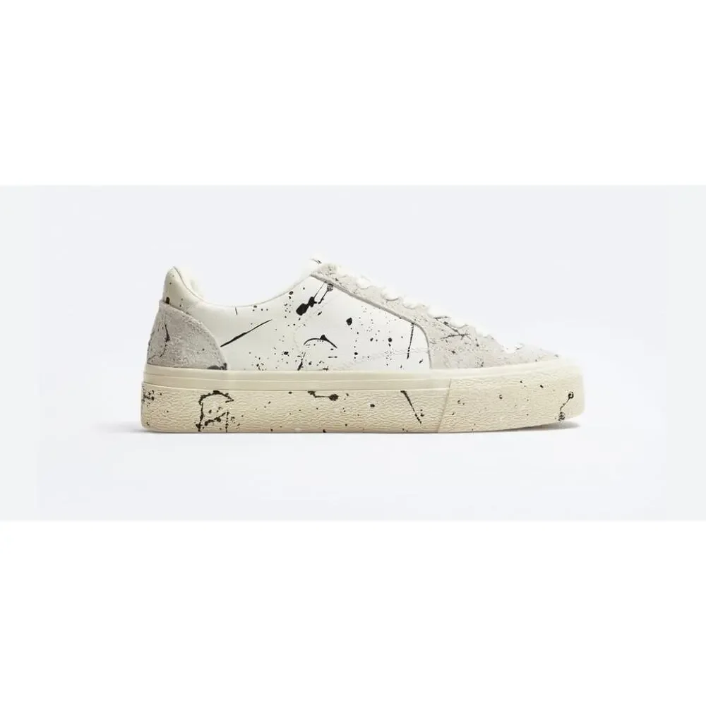 Zara Men's White and Black Leather Painted Sneakers - size 8 - I5